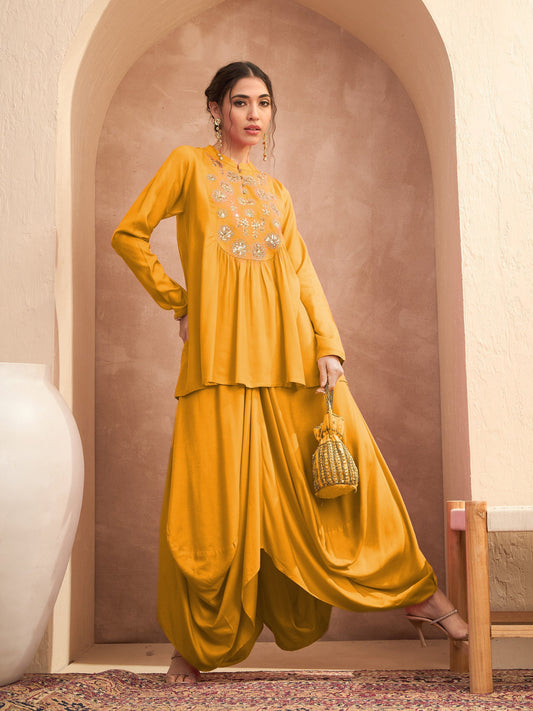 Women Mustard Embroidered Peplum Top With Dhoti Skirt