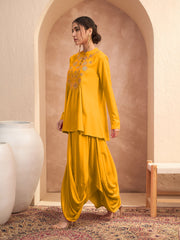 Women Mustard Embroidered Peplum Top With Dhoti Skirt