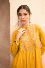 Women Mustard Embroidered Peplum Top With Dhoti Skirt