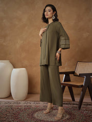 Women Olive Zari Embroidered Sleeves Top With Pants