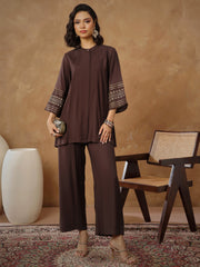 Women Brown Zari Embroidered Sleeve Top With Pants