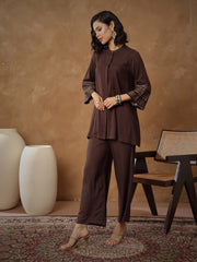 Women Brown Zari Embroidered Sleeve Top With Pants
