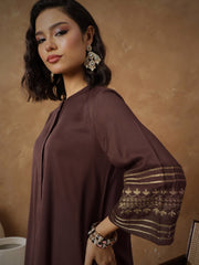 Women Brown Zari Embroidered Sleeve Top With Pants