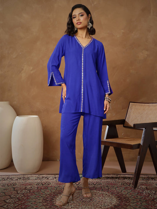 Women Navy Embroidered A-Line Top With Pants