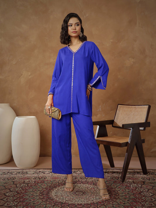 Women Navy Embroidered A-Line Top With Pants
