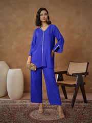 Women Navy Embroidered A-Line Top With Pants