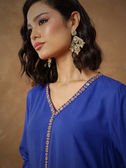 Women Navy Embroidered A-Line Top With Pants