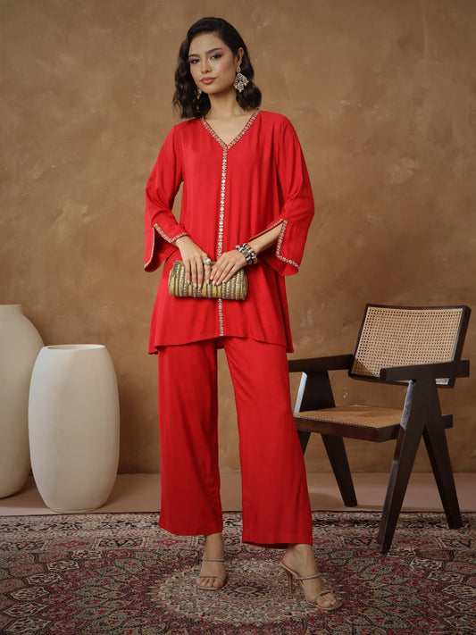 Women Red Embroidered A-Line Top With Pants