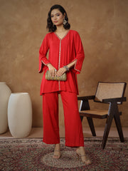 Women Red Embroidered A-Line Top With Pants
