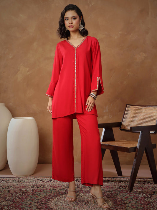 Women Red Embroidered A-Line Top With Pants