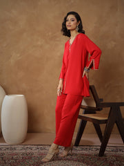 Women Red Embroidered A-Line Top With Pants