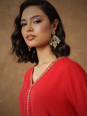 Women Red Embroidered A-Line Top With Pants