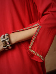 Women Red Embroidered A-Line Top With Pants
