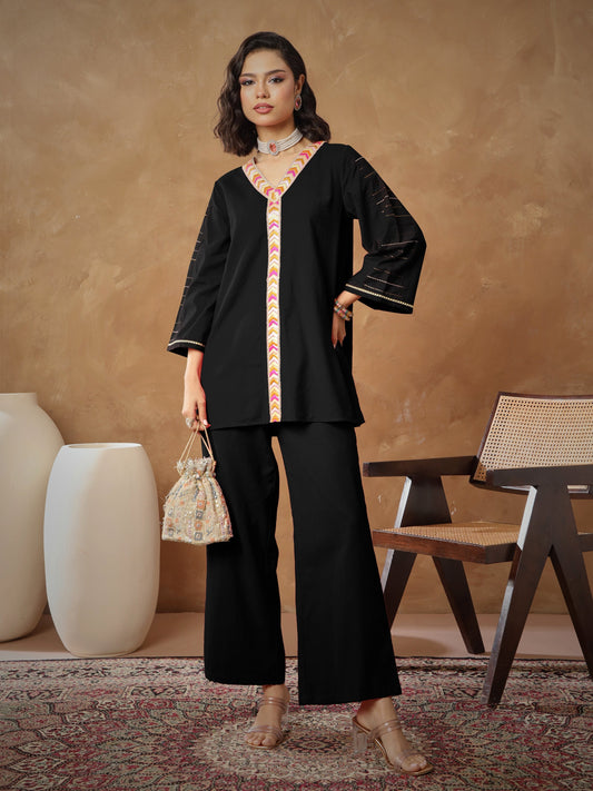 Women Black Embroidered A-Line Top With Straight Pants