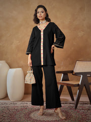 Women Black Embroidered A-Line Top With Straight Pants
