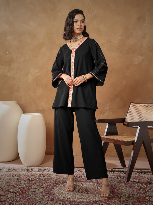 Women Black Embroidered A-Line Top With Straight Pants
