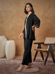 Women Black Embroidered A-Line Top With Straight Pants