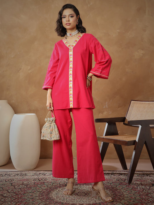 Women Fuchsia Embroidered A-Line Top With Straight Pants