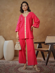 Women Fuchsia Embroidered A-Line Top With Straight Pants