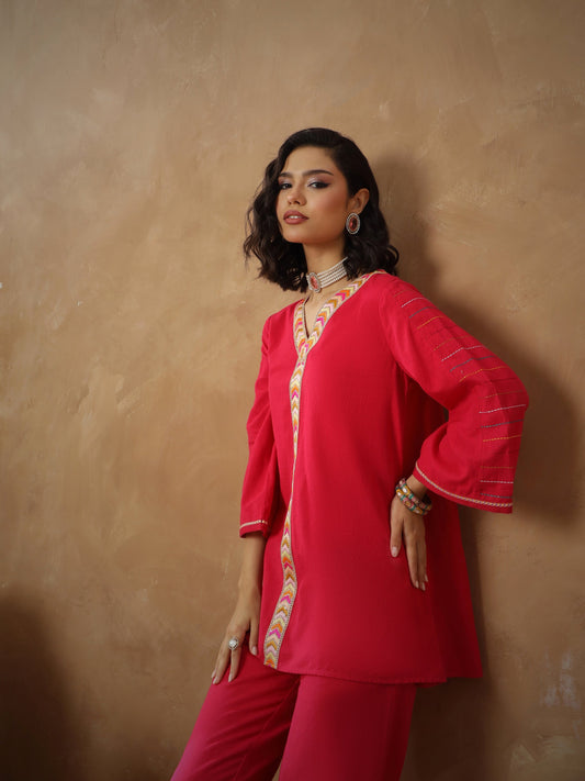 Women Fuchsia Embroidered A-Line Top With Straight Pants