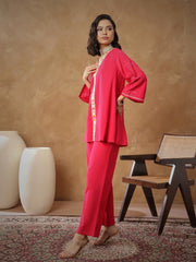 Women Fuchsia Embroidered A-Line Top With Straight Pants