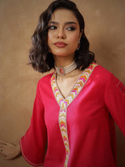 Women Fuchsia Embroidered A-Line Top With Straight Pants