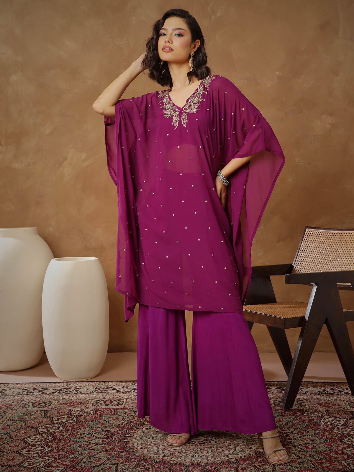 Women Purple Embroidered Kaftan With Cami & Flared Pants