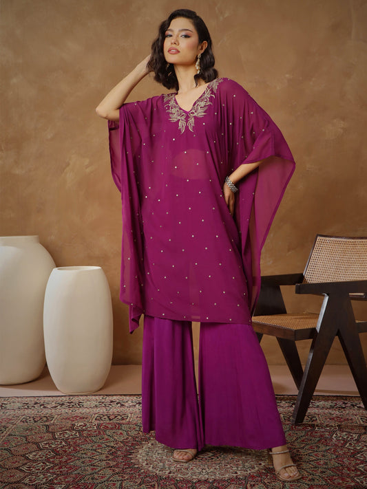 Women Purple Embroidered Kaftan With Cami & Flared Pants
