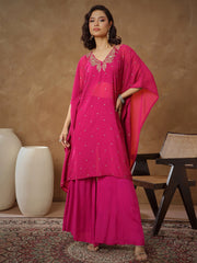 Women Fuchsia Embroidered Kaftan With Cami & Flared Pants