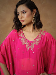 Women Fuchsia Embroidered Kaftan With Cami & Flared Pants