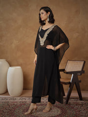 Women Black Embroidered Kaftan With Cami & Straight Pants