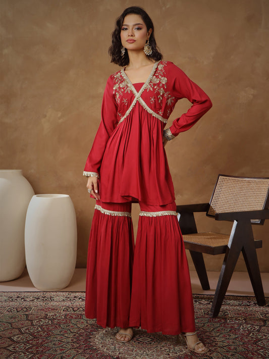 Women Maroon Embroidered Peplum Kurta With Sharara Pants