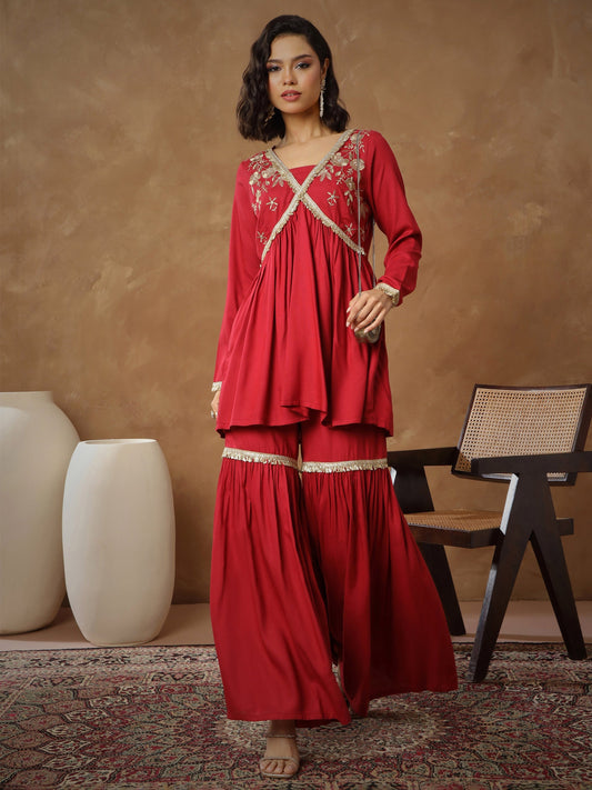 Women Maroon Embroidered Peplum Kurta With Sharara Pants