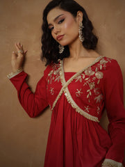 Women Maroon Embroidered Peplum Kurta With Sharara Pants