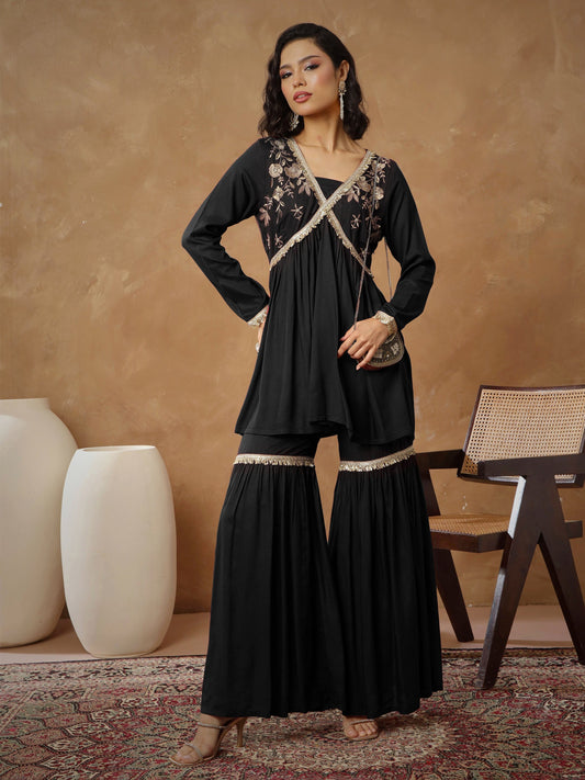 Women Black Embroidered Peplum Kurta With Sharara Pants