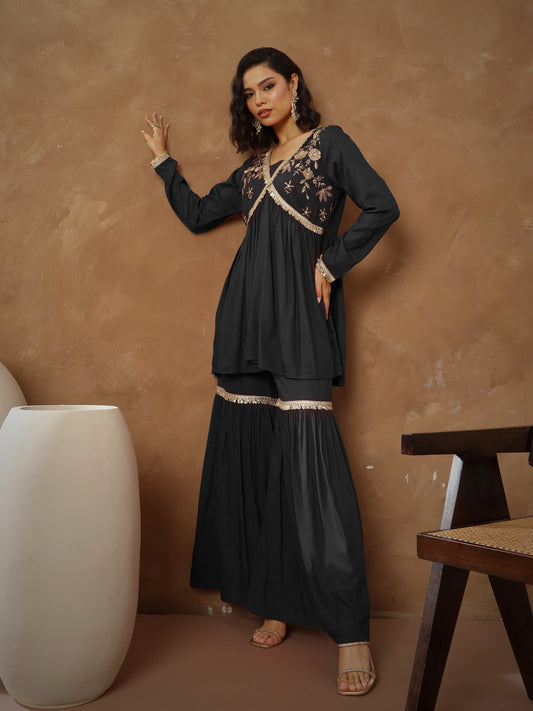 Women Black Embroidered Peplum Kurta With Sharara Pants