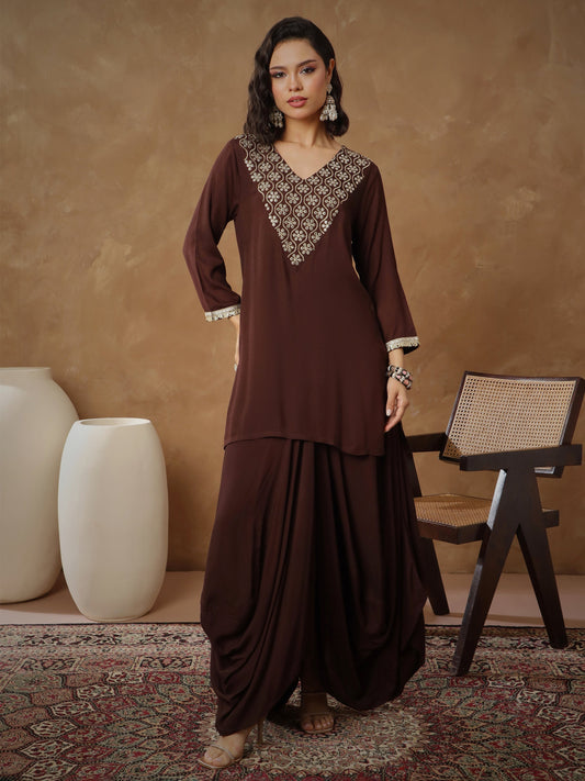 Women Brown Embroidered Short Kurta With Dhoti Skirt