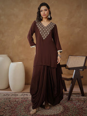 Women Brown Embroidered Short Kurta With Dhoti Skirt