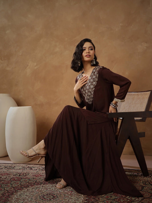Women Brown Embroidered Short Kurta With Dhoti Skirt