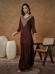 Women Brown Embroidered Short Kurta With Dhoti Skirt