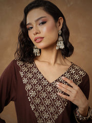 Women Brown Embroidered Short Kurta With Dhoti Skirt