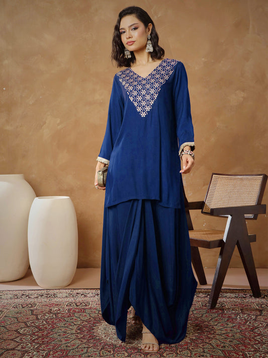 Women Navy Embroidered Short Kurta With Dhoti Skirt