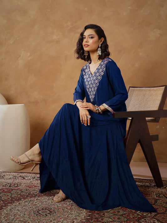 Women Navy Embroidered Short Kurta With Dhoti Skirt