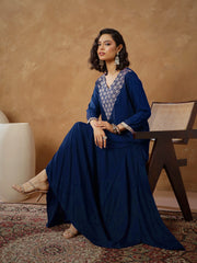 Women Navy Embroidered Short Kurta With Dhoti Skirt