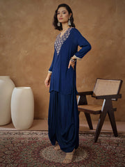 Women Navy Embroidered Short Kurta With Dhoti Skirt