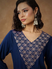 Women Navy Embroidered Short Kurta With Dhoti Skirt