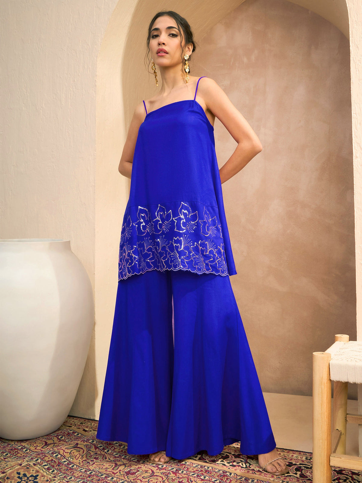 Women Navy Embroidered Strappy Kurta With Palazzos