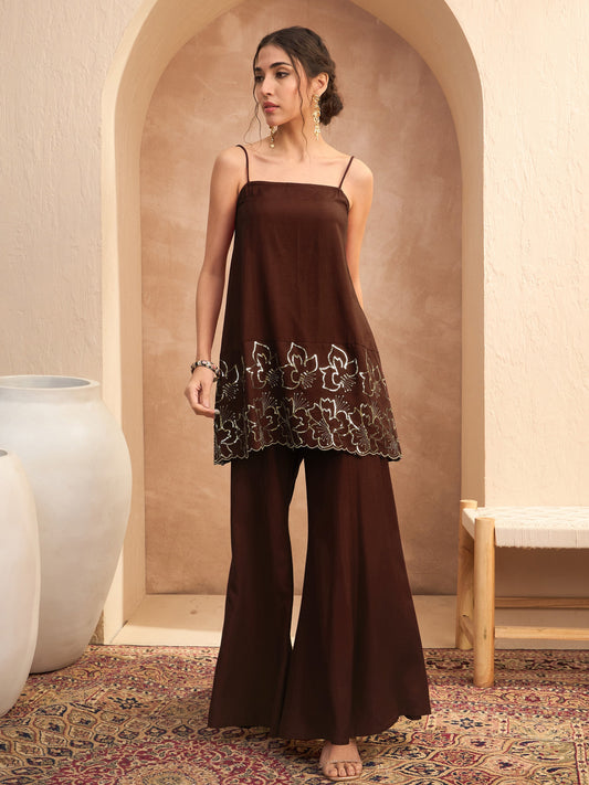 Women Brown Embroidered Strappy Kurta With Palazzos