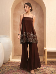 Women Brown Embroidered Strappy Kurta With Palazzos