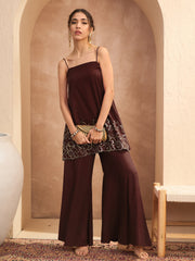Women Brown Embroidered Strappy Kurta With Palazzos